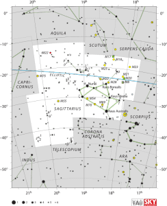Mapa de la constelación de Sagitario y cercanías. Crédito: IAU and Sky & Telescope magazine (Roger Sinnott & Rick Fienberg)