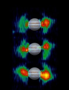 La sonda Cassini también hizo mediciones de los cinturones de radiación de Júpiter, aquí puedes ver como variaban en cada imagen. Crédito: NASA Jet Propulsion Laboratory (NASA-JPL)