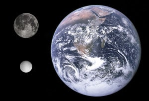 Comparación del tamaño de la Tierra, la Luna y Rea.