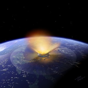 Recreación artística del impacto de un meteorito de 10 kilómetros en la península del Yucatán. Crédito: Don Davis