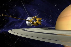 Concepto artístico de la sonda Cassini entrando en la órbita de Saturno. Crédito: NASA