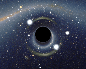 Esto es una simulación de un agujero negro frente a la Gran Nube de Magallanes. Crédito: Usuario "Alain r" de Wikipedia.