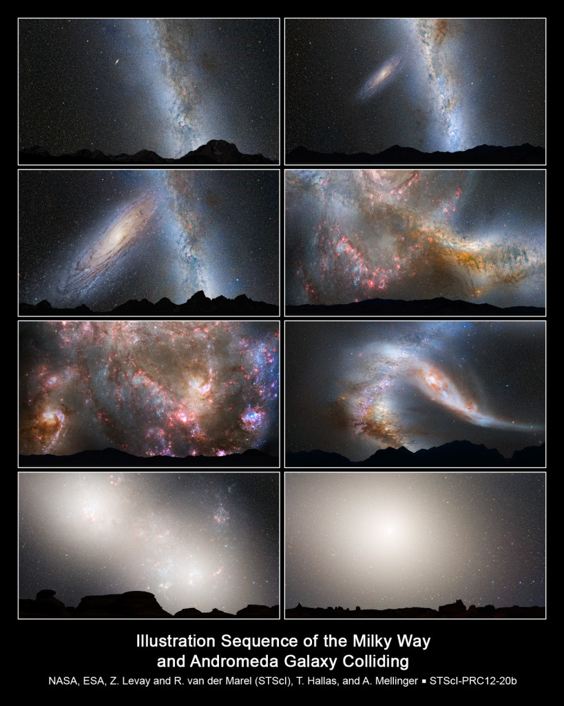 Esta serie de imágenes muestra cómo se predice que será la colisión entre ambas galaxias. De izquierda a derecha, y de arriba a abajo. Primera fila: Presente, y dentro de 2.000 millones de años. Segunda fila: Dentro de 3.750 millones de años y dentro de 3.850 millones de años (con un cielo completamente inundado de zonas de nacimiento de estrellas). Tercera fila: En 3.900 millones de años, mientras la formación de estrellas continua. Y en 4.000 millones de años, cuando ambas galaxias comiencen a deformarse. Cuarta fila: En 5.100 millones de años, los núcleos de ambas galaxias parecerán un par de lóbulos brillantes gigantescos. En 7.000 millones de años, las galaxias, ya unidas, dan lugar a una nueva galaxia elíptica, cuyo núcleo brillante domina el cielo nocturno. Crédito: NASA; ESA; Z. Levay y R. van der Marel, STScI; T. Hallas, y A. Mellinger