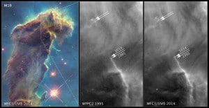 Así es cómo ha ido cambiando esta región de los Pilares de la Creación en un lapso de 20 años. Crédito: NASA, ESA, and the Hubble Heritage Team (STScI/AURA)