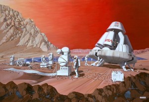 Concepto artístico (de 1.989) de una misión a Marte. Crédito: Les Bossinas of NASA Lewis Research Center
