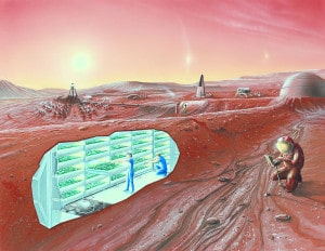 Concepto artístico de una base en Marte. En este caso, la zona de horticultura está bajo tierra. Crédito: NASA Ames Research Center