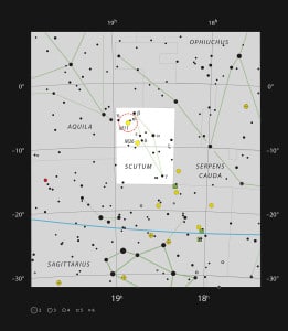 Esta imagen muestra la ubicación de Messier 11, el cúmulo del Pato Salvaje. Crédito: ESO, IAU and Sky & Telescope