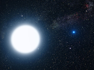 En esta recreación artística puedes ver Sirio A y B (a este sistema estelar lo conocemos, simplemente, como Sirio). Sirio B, la pequeña estrella a la derecha, es una enana blanca. Crédito: NASA, ESA y G. Bacon (STScI)