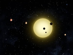Recreación artística del sistema estelar Kepler-11. Crédito: NASA/JPL-Caltech
