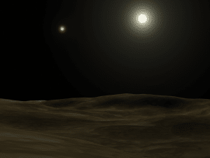Una recreación artística de cómo se podría ver el sistema binario de Alfa Centauri desde un planeta sin atmósfera. Crédito: Usuario "The Plague" de Wikipedia