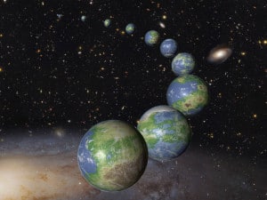 Concepto artístico de innumerables planetas como la Tierra, que se formaran en los próximos cientos de miles de millones de años.  Crédito: NASA, ESA, y G. Bacon (STScI)