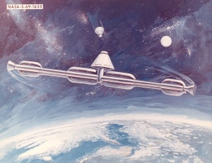 Un concepto de estación espacial con gravedad artificial, creado por la NASA en 1.969. Crédito: NASA 
