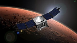 Recreación de la sonda MAVEN entrando en la órbita de Marte.  Crédito: NASA/Goddard Space Flight Center
