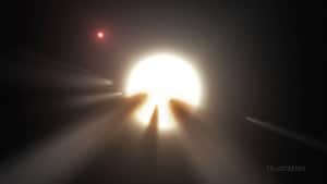 Esta ilustración muestra una estrella detrás de un cometa destrozado. Las observaciones de KIC 8462852 por el telescopio Kepler sugieren que su extraña emisión de luz procede, probablemente, de fragmentos de cometas, que bloquearon su luz al pasar por delante en 2.011 y 2.013. Crédito: NASA/JPL-Caltech