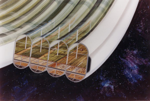Concepto artístico del módulo agrícola de una colonia espacial con forma de Esfera de Bernal. Crédito: NASA Ames Research Center