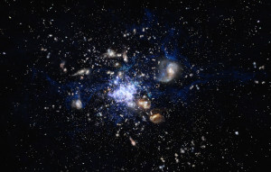 Este es un concepto artístico de un protocúmulo de galaxias en las primeras etapas del Universo. Crédito: ESO/M. Kornmesser