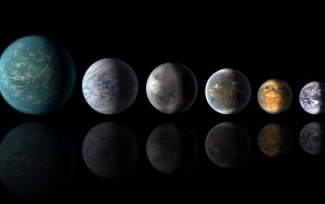 Esta imagen muestra la Tierra (a la derecha del todo) y las impresiones artísticas de Kepler-22b, Kepler-69c, Kepler-452b, Kepler-62f y Kepler-186f.  Crédito: NASA/Ames/JPL-Caltech