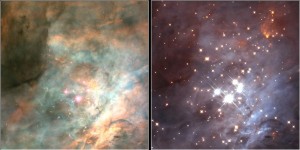 Esta imagen muestra el interior de una región de la Nebulosa de Orión. En la izquierda vemos la región en el espectro visible, mientras la derecha nos muestra, en infrarrojo, el denso cúmulo abierto que se está formando en su interior. Crédito: NASA