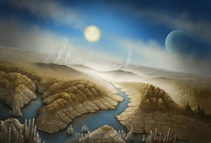 Este es un concepto artístico de la superficie del exoplaneta Kepler-452b. En él se imagina que el planeta está comenzando a sufrir un efecto invernadero. Crédito: SETI Institute/Danielle Futselaar