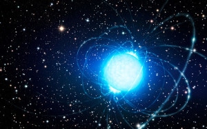 Concepto artístico de un magnetar en el cúmulo estelar Westerlund 1, en el que también se encuentra la estrella Westerlund 1-26. Crédito: ESO/L. Calçada