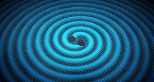 Recreación artística mostrando las ondas gravitacionales generadas por la fusión de dos agujeros negros. Crédito: Swinburne Astronomy Productions