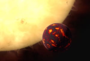 Concepto artístico que muestra a 55 Cancri e en frente de su estrella. Crédito: ESA/Hubble, M. Kornmesser