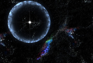 El 27 de diciembre de 2004, llegó a la Tierra una ráfaga de rayos gamma procedente del magnetar SGR 1806-20, que dejó sentir sus efectos en la atmósfera y también "cegó" a varios satélites. Este magnetar está a 50.000 años-luz de distancia. Crédito: NASA