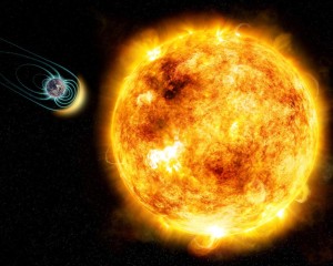Esta ilustración artística muestra a Kappa Ceti, una estrella mucho más joven que el Sol, interaccionando con el campo magnético de un planeta rocoso. Crédito: M. Weiss/CfA.