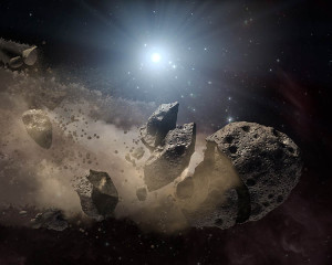 Concepto artístico de un asteroide destrozado por haberse acercado demasiado a su estrella. Crédito: NASA/JPL-Caltech