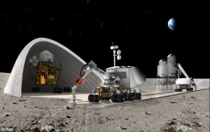 Concepto artístico de una base lunar construida in-situ con la ayuda de una impresora 3D. Crédito: NASA