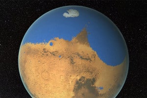 Impresión artística de un primitivo océano en Marte, que algunos investigadores han sugerido que pudo tener más agua que el Océano Ártico en la Tierra. Crédito: NASA/GSFC