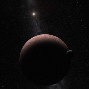 Este concepto artístico muestra al planeta enano Makemake y su luna recién descubierta. Makemake y su satélite, llamado MK 2, está 50 veces más del Sol que la Tierra. Crédito: NASA, ESA, y A. Parker (Southwest Research Institute)