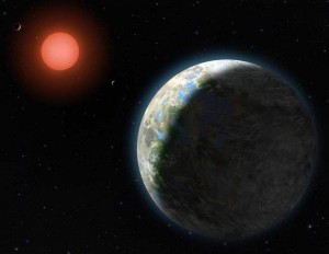 Concepto artístico de los cuatro planetas interiores de Gilese 581. El planeta en primer plano es Gliese 581g, que sería de dos a tres veces más masivo que la Tierra, y cuya existencia ha sido puesta en duda. Crédito: Lynette Cook 