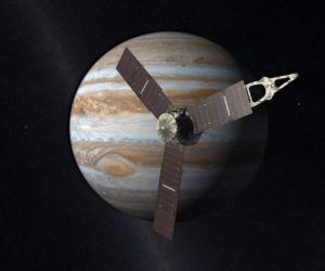 Concepto artístico de Juno acercándose a Júpiter. Crédito: NASA