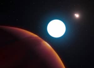 Concepto artístico del sistema HD 131399, con el planeta en primer plano, HD 131399A justo después, y HD 131399B y HD 131399C al fondo. Crédito: ESO / L. Calcada