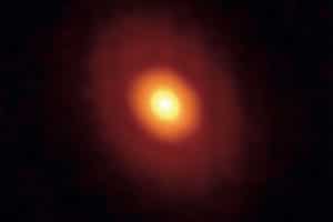 En esta imagen se puede ver, resaltada en naranja,  la linea de congelamiento de V883 Orionis. Crédito: Cieza, L.A. et al. Nature 