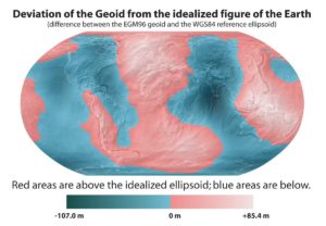 Esta imagen muestra la desviación del geoide de la figura idealizada de la Tierra, mostrando en azul las zonas que estarían por debajo del elipsoide y en rojo las que estarían por encima. Crédito: Wikimedia Commons/Citynoise