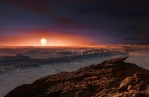Concepto artístico de la superficie de Próxima b. En el horizonte se puede ver a Próxima Centauri y, en la lejanía, al sistema binario que forman Alfa Centauri A y B. Crédito: ESO/M. Kornmesser