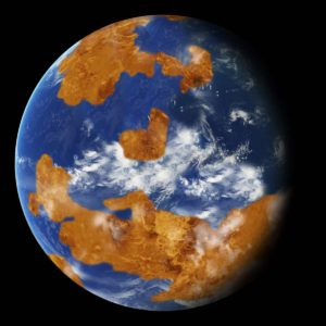 Recreación de cómo hubiera podido ser Venus en sus primeros 2.000 millones de años, cuando podría haber sido un planeta mucho más frío, con un océano poco profundo y una atmósfera mucho más fina. Crédito: NASA