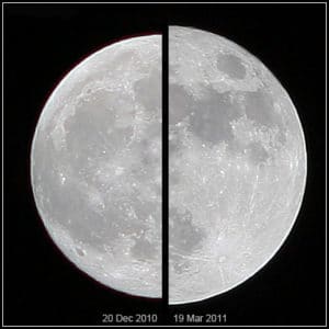 Comparación entre el tamaño de la Luna el 20 de diciembre de 2010 (izquierda) y la superluna del 19 de marzo de 2011 (derecha). Crédito: Wikimedia Commons/Marcoaliaslama