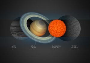 Comparación de Júpiter, Saturno, TRAPPIST-1 y la estrella más pequeña observada hasta la fecha.