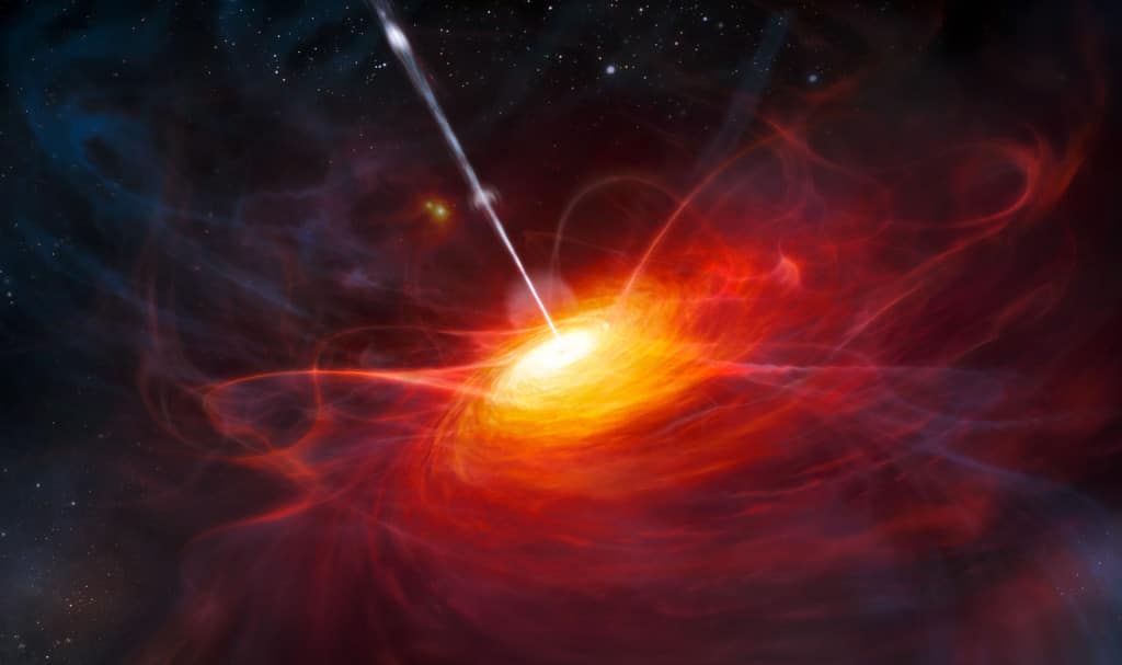 Impresión artística del quásar ULAS J1120+0641, el más distante conocido (se encuentra a más de 12.900 millones de años luz, es decir, vemos como era tan solo 700 millones de años después del Big Bang).