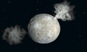 Representación exagerada de los penachos de vapor de agua que podrían tener lugar en la superficie de Ceres