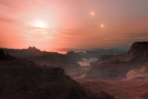 Recreación de un atardecer en el exoplaneta Gliese 667Cc. La estrella más cercana es la enana roja Gliese 667 C, en la derecha aparecen Gliese 667 A y Gliese 667 B, las tres forman parte de un sistema solar triple.