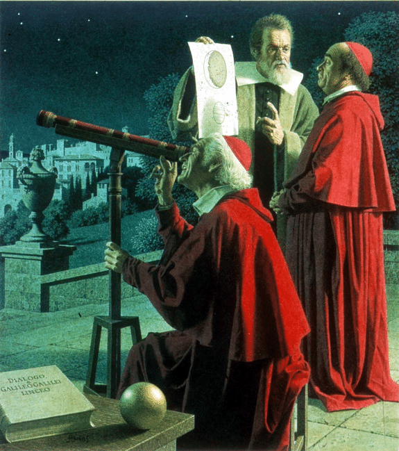 Galileo explica la topografía lunar a dos cardenales. Crédito: Jean Leon Huens