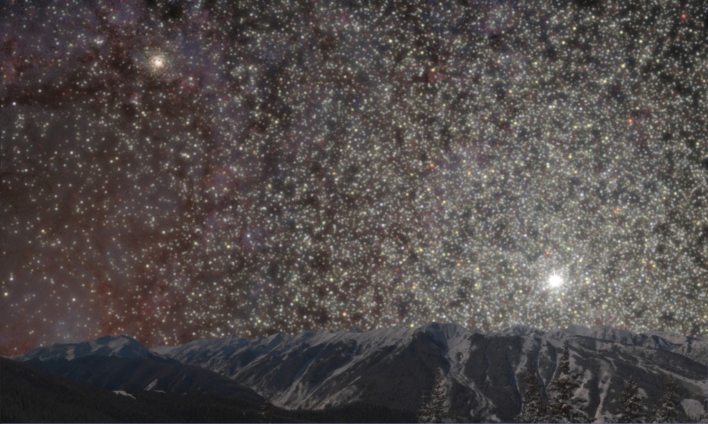 El cielo visto desde un hipotético planeta cerca del núcleo de cúmulo globular. Crédito: William Harris y Jeremy Webb