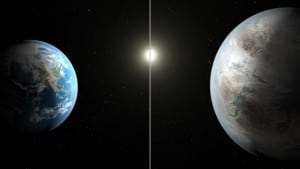 En este concepto artístico se compara la Tierra y el Sol (parte izquierda de la imagen) con Kepler-462b y Kepler-462 (derecha). Credits: NASA/JPL-Caltech/T. Pyle