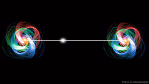 Dos partículas separadas por una enorme distancia pueden estar entrelazadas y compartir información. Crédito: Victor de Schwanberg/SPL