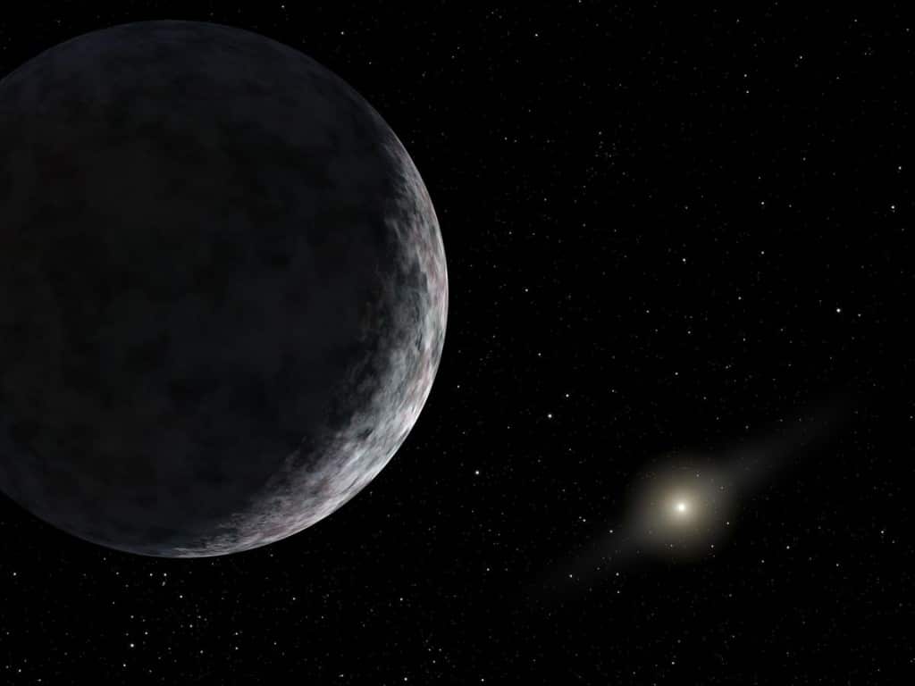 Recreación artística de Eris, y de cómo se vería el Sol desde sus inmediaciones. El planeta enano será protagonista del calendario astronómico de octubre de 2025.