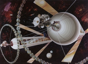 Recreación de los cilindros de O'Neill vistos desde el espacio. Crédito: Rick Guidice NASA Ames Research Center